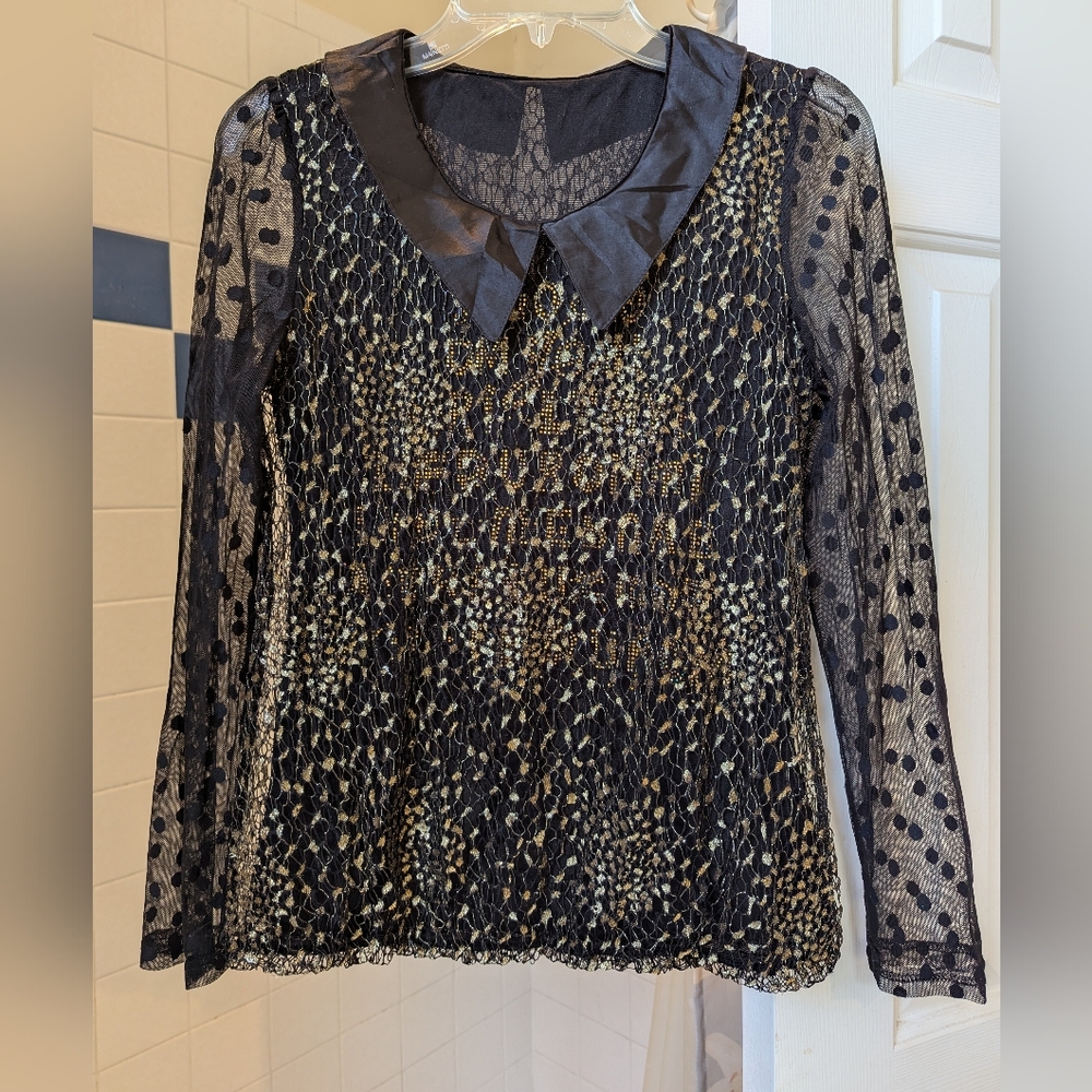 Beautiful Black long sleeve blouse with sheer mesh gold dot overlay Size S